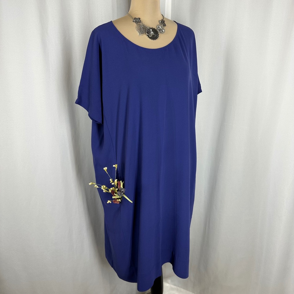 Eileen Fisher XS Royal Blue 100% Silk Cocoon Shift Dress Pocket Minimalist